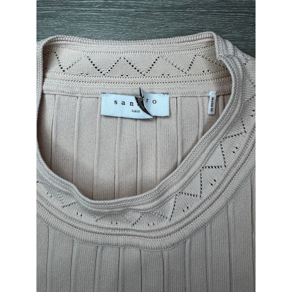 Sandro Paris Ribbed Knit Fit & Flare Bodycon Dress XS Blush Nude Bell Sleeves - Picture 3 of 12